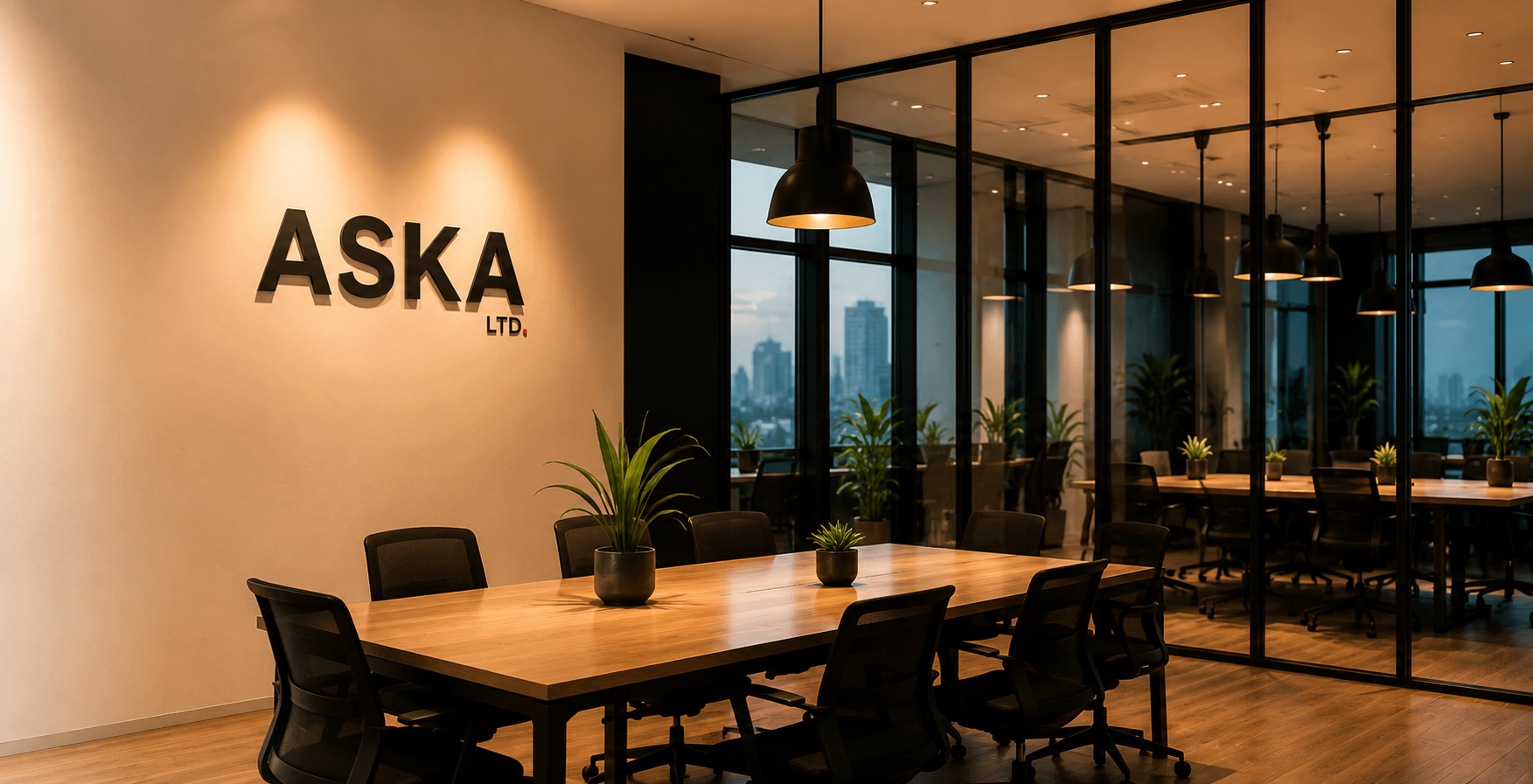 ASKAオフィスの会議室（壁面にASKA LTD.ロゴ）